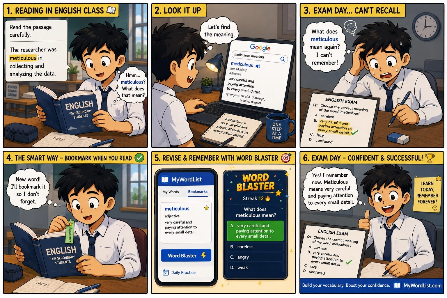 Student reads a new word, looks it up, forgets it by exam day — MyWordList helps you bookmark and revise so you remember forever